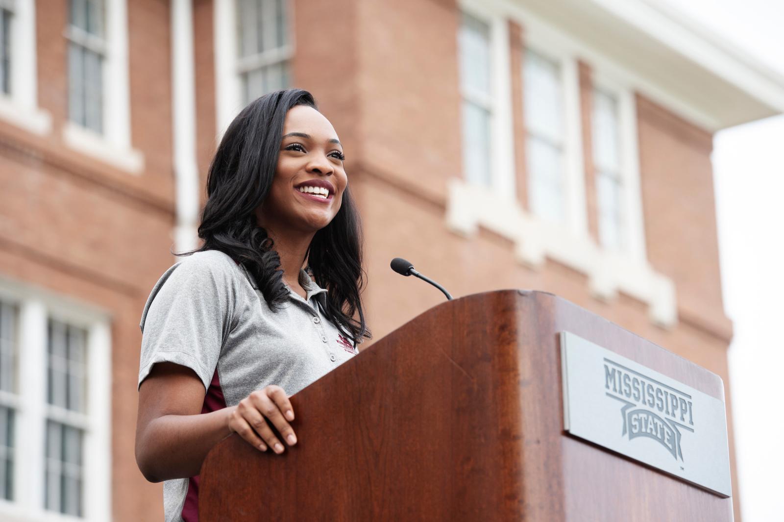 Photo of Mayah Emerson at podium during the Drill.